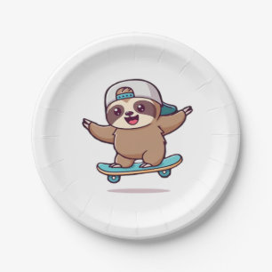 Kawaii Chibi Sloth Skater � Cute Funny Skateboardi Paper Plate
