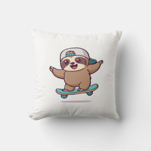 Kawaii Chibi Sloth Skater � Cute Funny Skateboardi Throw Pillow