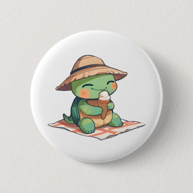 Kawaii Chibi Turtle in Straw Hat Eating Ice Cream  2 Inch Round Button (Front)