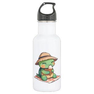 Kawaii Chibi Turtle in Straw Hat Eating Ice Cream 532 Ml Water Bottle