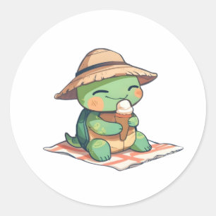 Kawaii Chibi Turtle in Straw Hat Eating Ice Cream  Classic Round Sticker
