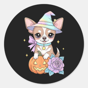 Kawaii Chihuahua Puppy Witch Pumpkin Halloween Classic Round Sticker