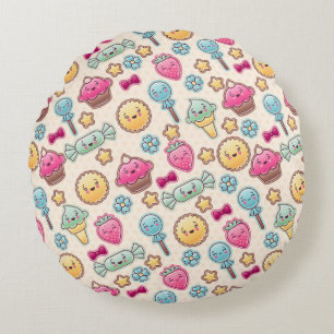 Kawaii child pattern with cute doodles round pillow