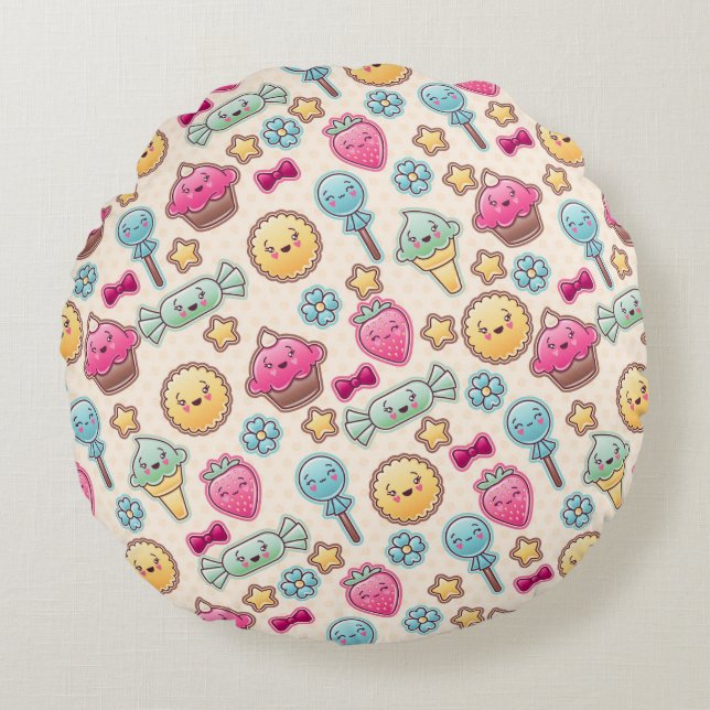 Kawaii child pattern with cute doodles round pillow (Front)
