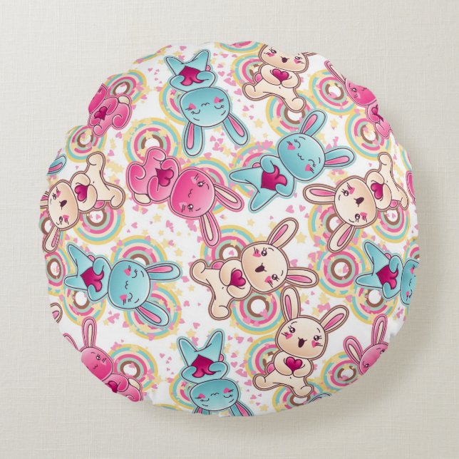 Kawaii Child Pattern with Cute Doodles Round Pillow (Front)