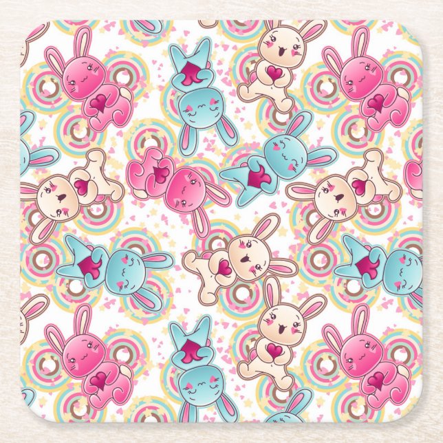 Kawaii Child Pattern with Cute Doodles Square Paper Coaster (Front)