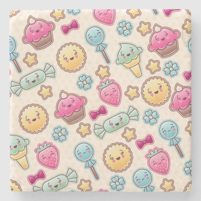 Kawaii child pattern with cute doodles stone coaster (Front)
