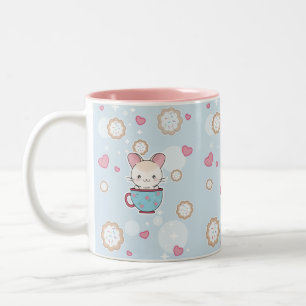 Kawaii Chinchilla in Teacup with Cookies and Heart Two-Tone Coffee Mug