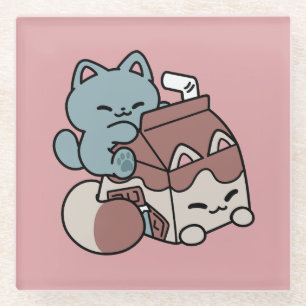 Kawaii Chocolate Milk Cat – Cozy Drink & Cuteness Glass Coaster