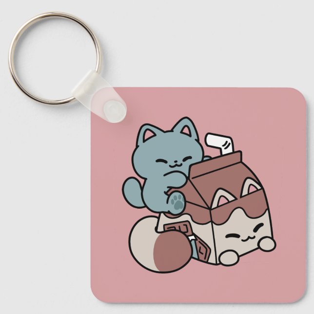 Kawaii Chocolate Milk Cat – Cozy Drink & Cuteness  Keychain (Front)