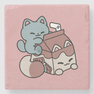Kawaii Chocolate Milk Cat – Cozy Drink & Cuteness Stone Coaster