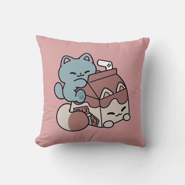 Kawaii Chocolate Milk Cat – Cozy Drink & Cuteness  Throw Pillow (Front)