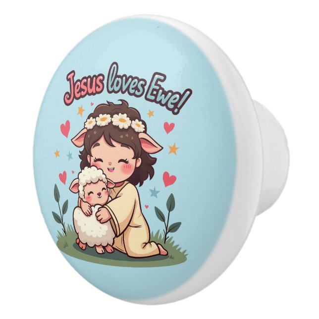 Kawaii Christian "Jesus Loves Ewe" Pastel Design Ceramic Knob (Right)