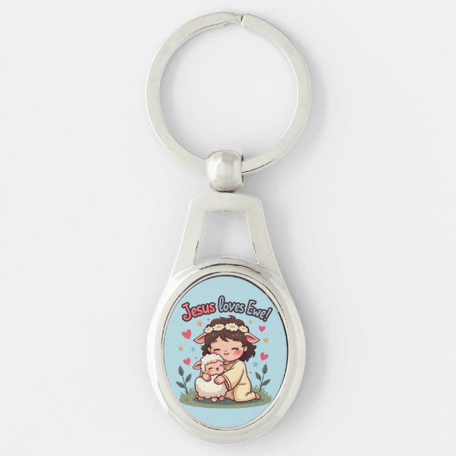 Kawaii Christian "Jesus Loves Ewe" Pastel Design Keychain (Front)