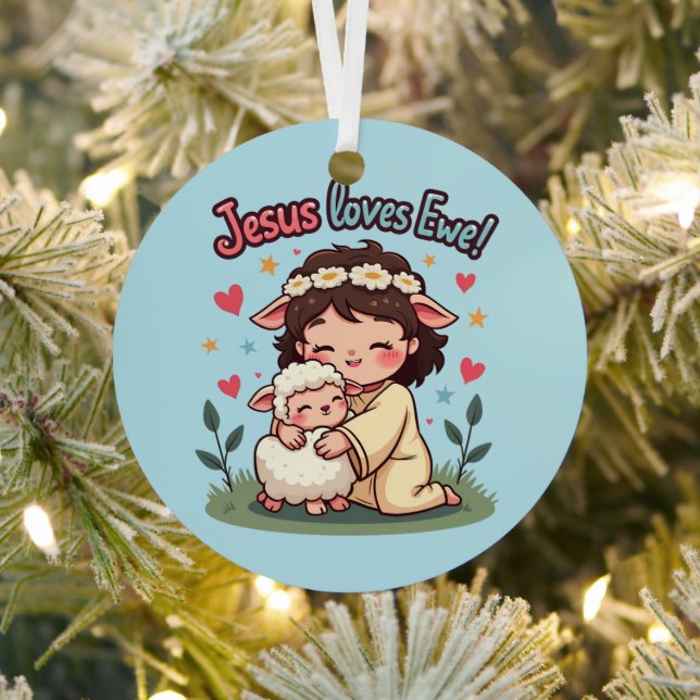 Kawaii Christian "Jesus Loves Ewe" Pastel Design Metal Ornament (Insitu)