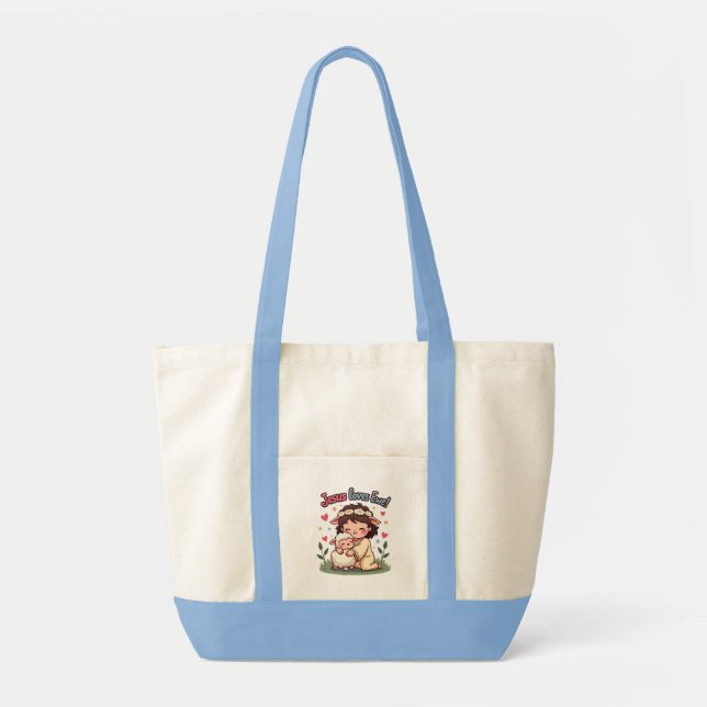 Kawaii Christian "Jesus Loves Ewe" Pastel Design Tote Bag (Front)