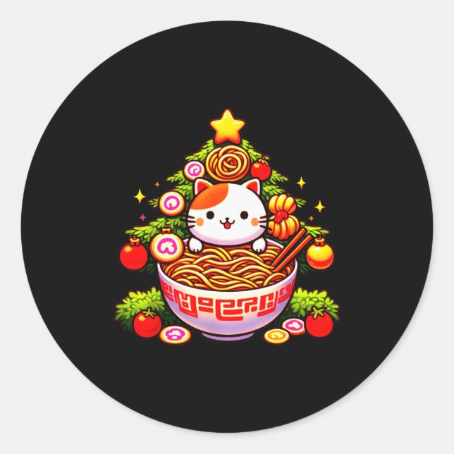 Kawaii Christmas Cat Ramen Christmas Tree Holiday  Classic Round Sticker (Front)