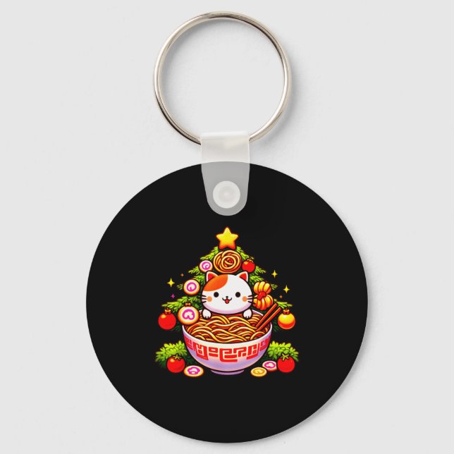 Kawaii Christmas Cat Ramen Christmas Tree Holiday  Keychain (Front)