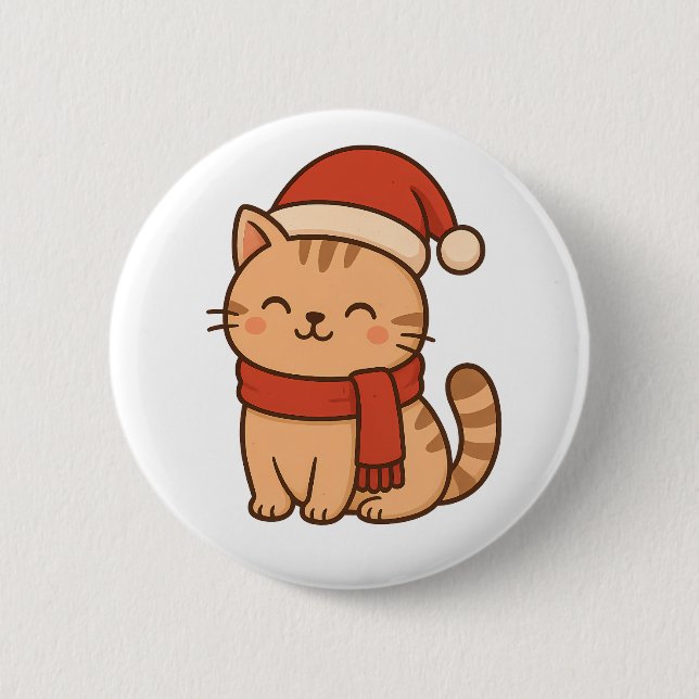 Kawaii Christmas Cat with Scarf 2 Inch Round Button (Front)