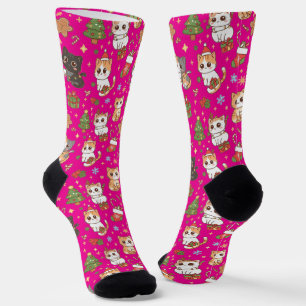 Kawaii Christmas Cats Holiday Pattern Crew Socks