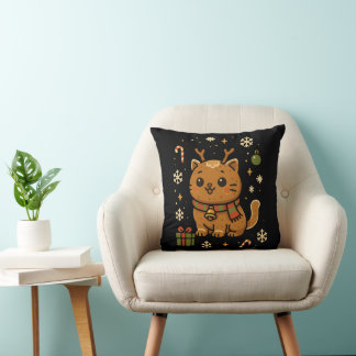 Kawaii Christmas Gingerbread Kitty - Meowy Xmas Throw Pillow