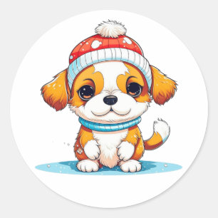 Kawaii Christmas Puppy Dog  Classic Round Sticker