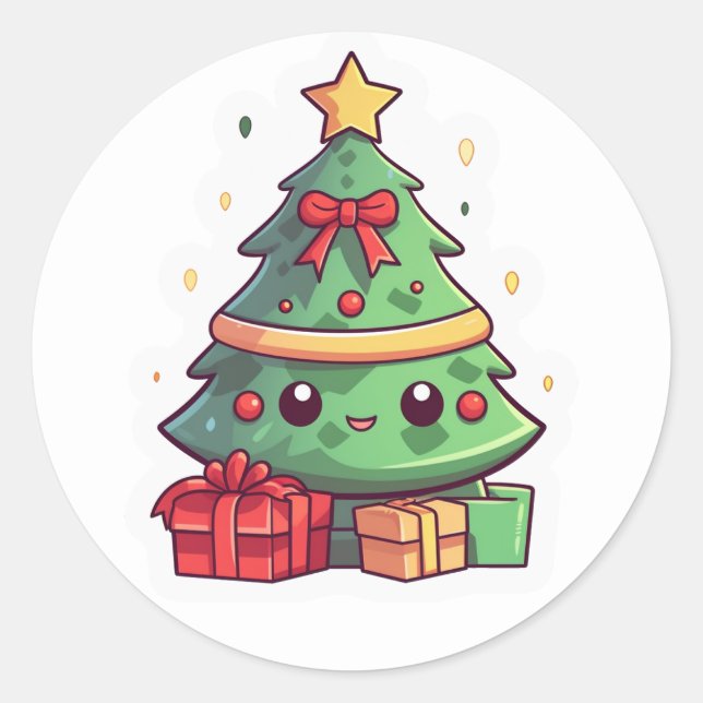 Kawaii Christmas tree Classic Round Sticker (Front)