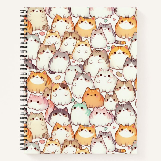 Kawaii Chubby Cartoon Cats With Hearts Notebook (Front)
