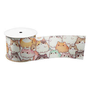 Kawaii Chubby Cartoon Cats With Hearts Satin Ribbon