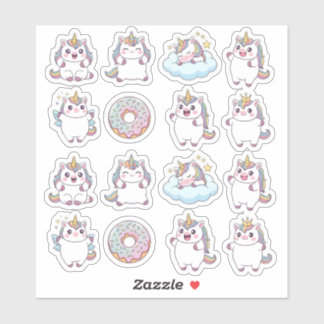 Kawaii Chubby Unicorn & Doughnut Sticker Sheet – C