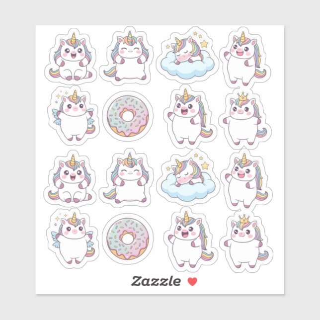 Kawaii Chubby Unicorn & Doughnut Sticker Sheet – C (Sheet)