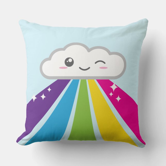 Kawaii Cloud and Rainbow Throw Pillow (Front)