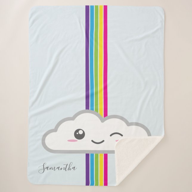 Kawaii Cloud & Rainbow Monogram Sherpa Blanket (Front)