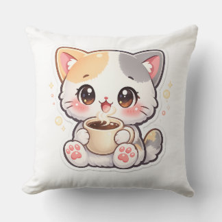 Kawaii Coffee Cat Throw Pillow – Cute Cozy Home De