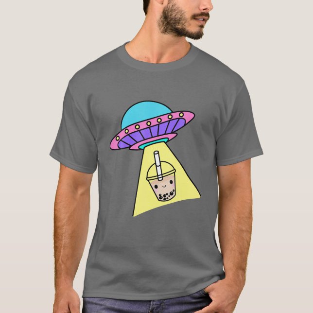 Kawaii Cool Boba Bubble Tea With UFO Spaceship Gif T-Shirt (Front)