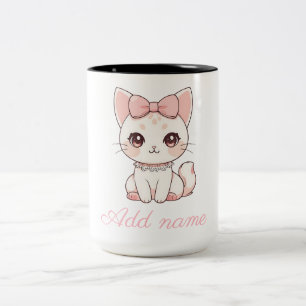 Kawaii Coquette Cat with Pink Bow Cute Feminine Two-Tone Coffee Mug