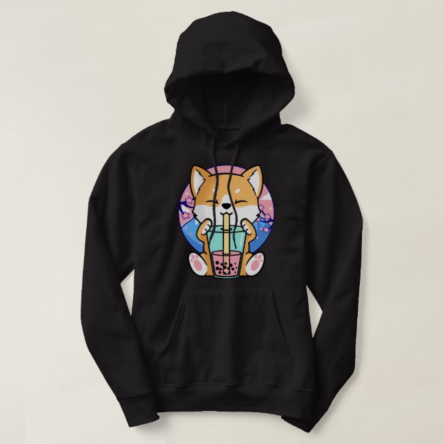 Kawaii Corgi Dog Bubble Tea Boba Anime Neko Japane Hoodie (Design Front)