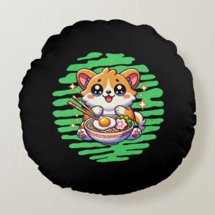 Kawaii Corgi eating bowl of Ramen Round Pillow