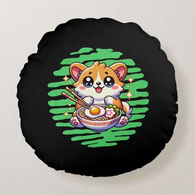 Kawaii Corgi eating bowl of Ramen Round Pillow (Front)