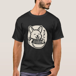 Kawaii Corgi Eating Ramen Noodles Black & Cream Ar T-Shirt