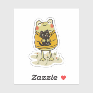 Kawaii Cottagecore Frog And Black Cat Illustration