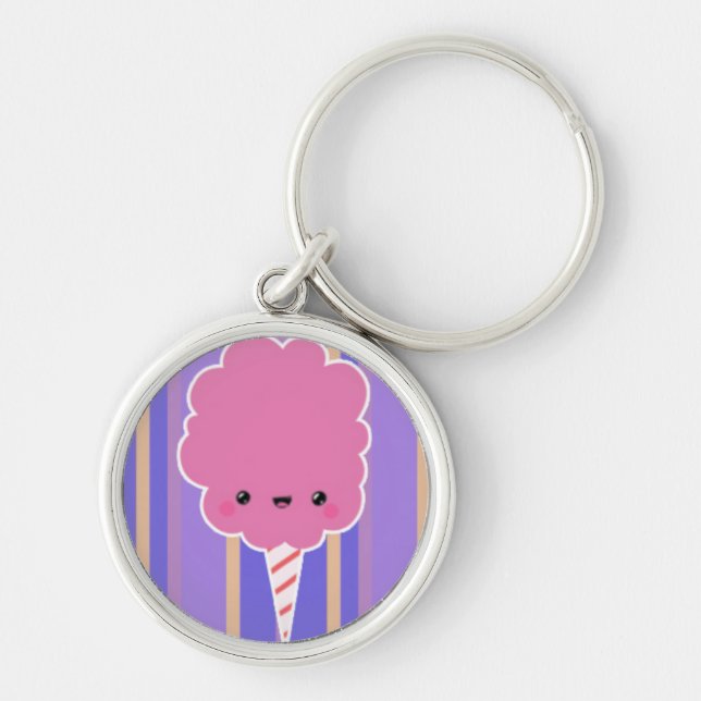 Kawaii Cotton Candy on Purple Stripes Keychain (Front)