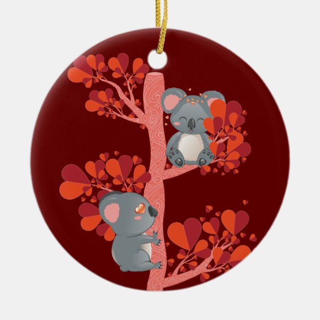 Kawaii couple of koalas with hearts tree ceramic ornament (Front)