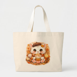 Kawaii Cozy Autumn Latte Kitty – Cute Fall Cat  Large Tote Bag