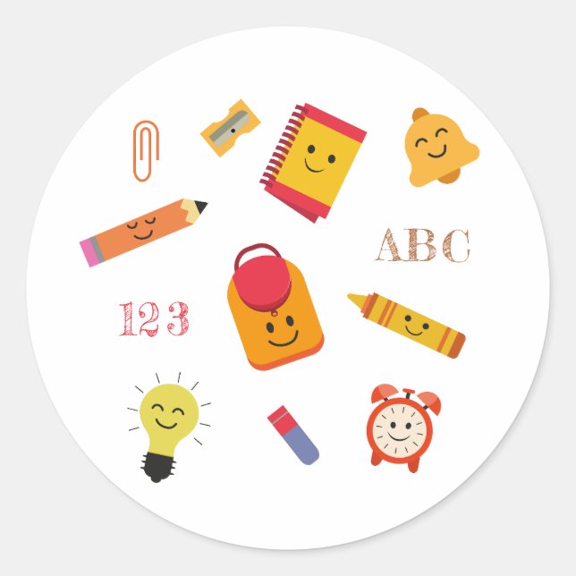 Kawaii Crayon pencil and school tools  Classic Round Sticker (Front)