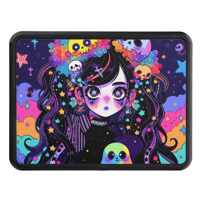 Kawaii Creepy Neon Goth Anime Girl and Skulls Trailer Hitch Cover (Front)