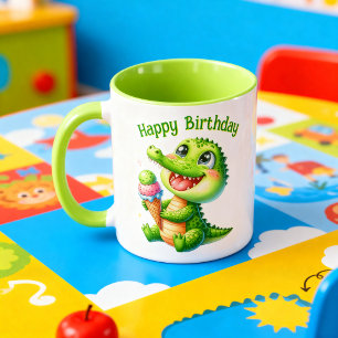 Kawaii Crocodile Birthday Mug with Ice Cream