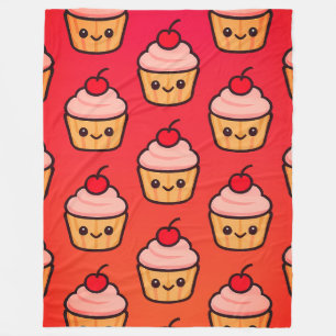 Kawaii Cupcake Grid with Smiling Faces and Cherry Fleece Blanket