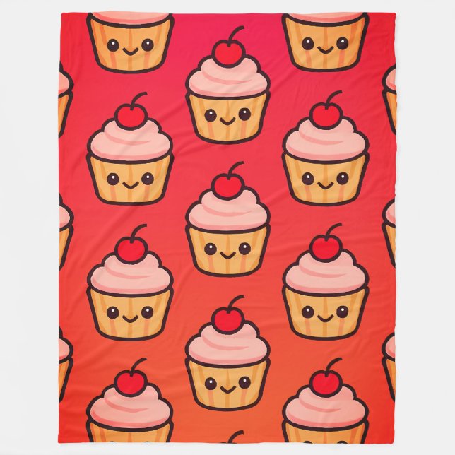 Kawaii Cupcake Grid with Smiling Faces and Cherry  Fleece Blanket (Front)