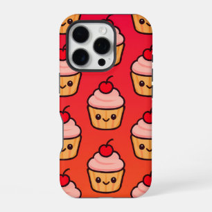 Kawaii Cupcake Grid with Smiling Faces and Cherry iPhone 16 Pro Case